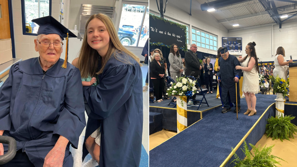 Split image of Ashdon and Charles, and Charles walking across the stage