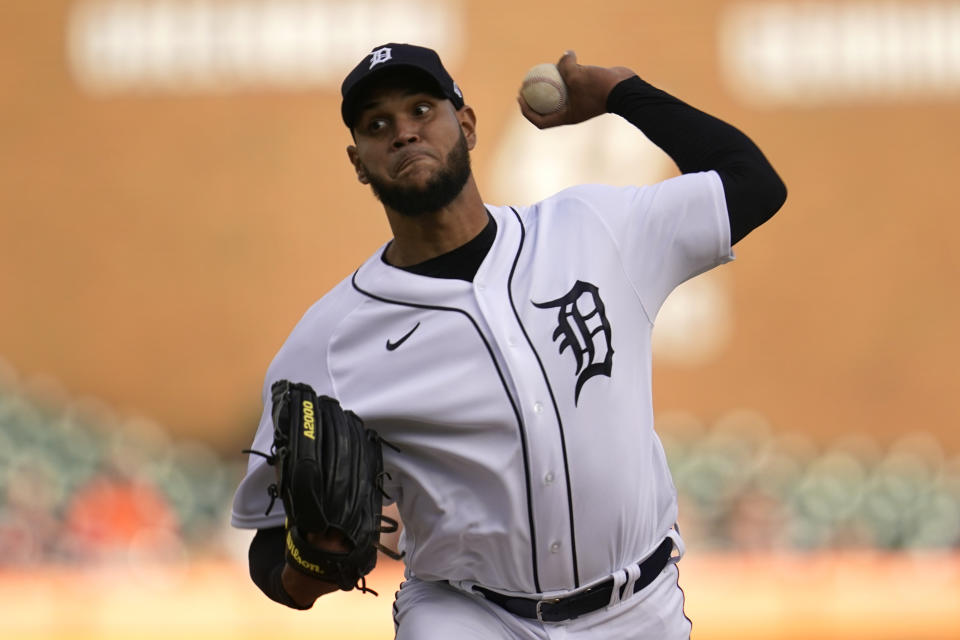 Detroit Tigers pitcher Eduardo Rodriguez throws against the Houston Astros in the first inning of a baseball game in Detroit, Monday, Sept. 12, 2022. (AP Photo/Paul Sancya)