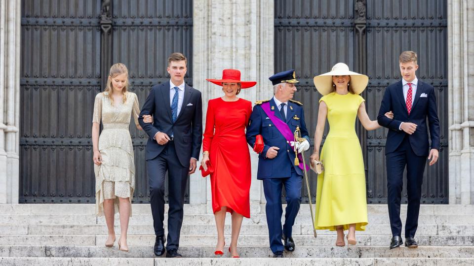 Princess Eleonore of Belgium, Prince Gabriel of Belgium, Queen Mathilde of Belgium, King Philippe of Belgium, Princess Elisabeth of Belgium and Prince Emmanuel of Belgium attend the Te Deum mass in the Cathedral 