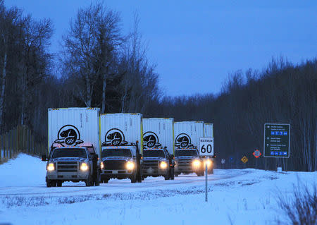 Trucks loaded with custom shipping containers full of bison leave Elk Island National Park for the 400 km trip to the staging area at the Ya Ha Tinda ranch just outside the Banff National Park in Alberta, Canada in this January 31, 2017 handout photo. Johane Janelle/Parks Canada/Handout via REUTERS