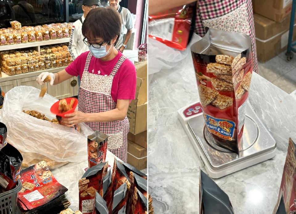 Once the peanut candy arrives, it's time to pack them in individual foil packets (left). Every packet is weighed to ensure no short fall of the peanut candy (right)