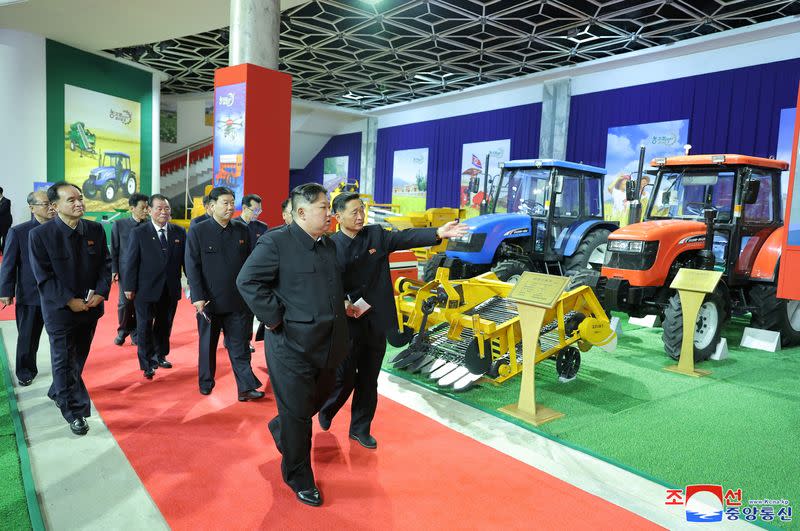 North Korean leader Kim Jong Un visits the agricultural machinery exhibition hall