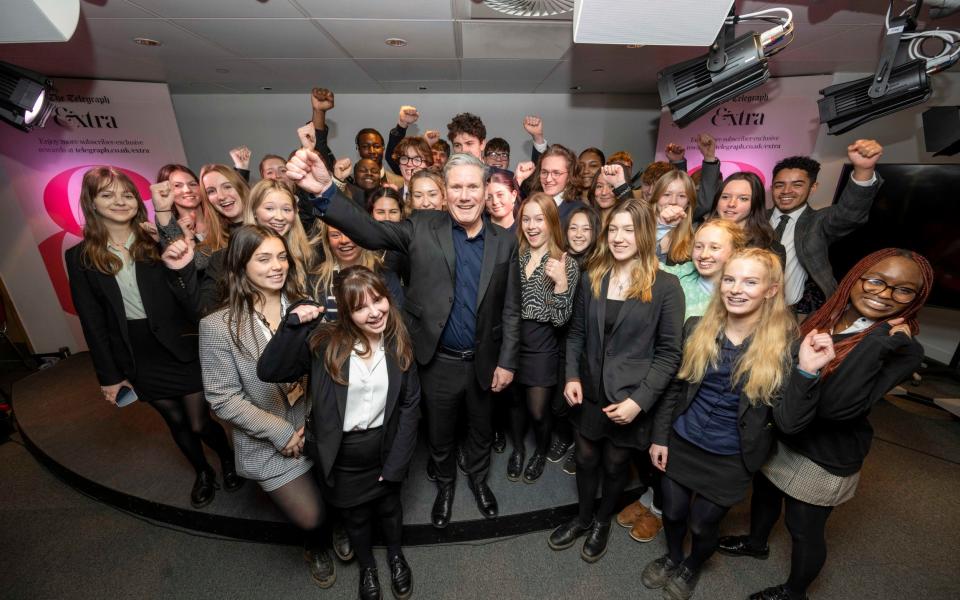 Sir Keir Stramer is pictured with politics students from St George's School, Harpenden, after appearing on the Chopper's Politics podcast - Paul Grover for The Telegraph