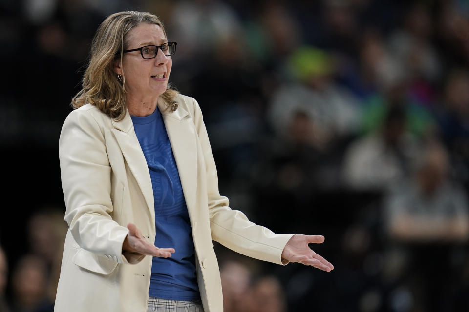 Minnesota Lynx head coach Cheryl Reeve reacts during the first half of a WNBA basketball game against the Los Angeles Sparks, Sunday, June 11, 2023, in Minneapolis. (AP Photo/Abbie Parr)