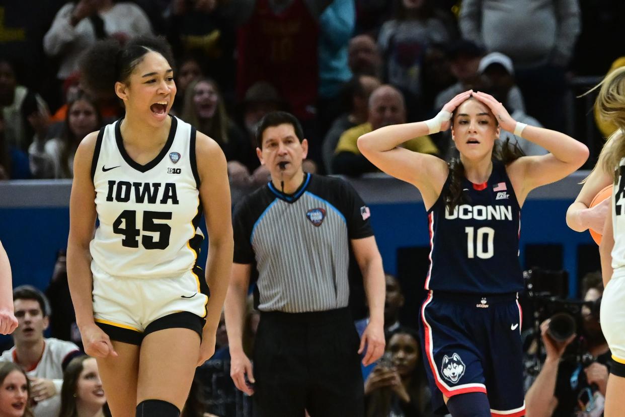Hannah Stuelke reacts during Iowa's Final Four win over UConn. Stuelke finished with a game-high 23 points.