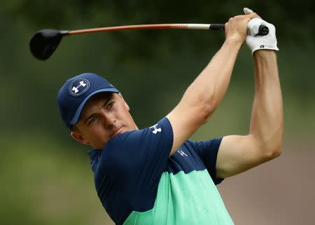 Aug 11, 2017; Charlotte, NC, USA; Jordan Spieth tees off on the second hole during the second round of the 2017 PGA Championship at Quail Hollow Club. Mandatory Credit: Rob Schumacher-USA TODAY Sports