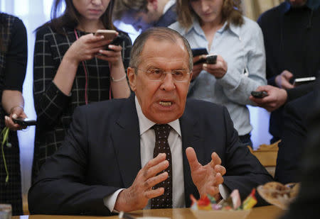 Russia's Foreign Minister Sergei Lavrov gestures during a meeting with South Korea's National Security Office chief Chung Eui-yong in Moscow, Russia March 13, 2018. Alexander Zemlianichenko/Pool via Reuters