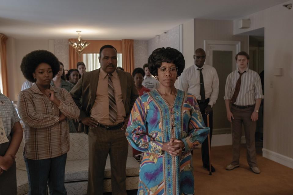 SHIRLEY. (L to R) Christina Jackson as Barbara Lee, Michael Cherrie as Conrad Chisholm, Regina King as Shirley Chisholm, Lance Reddick as Wesley McDonald “Mac” Holder and Lucas Hedges as Robert Gottlieb in Shirley. Cr. Glen Wilson/Netflix © 2023.