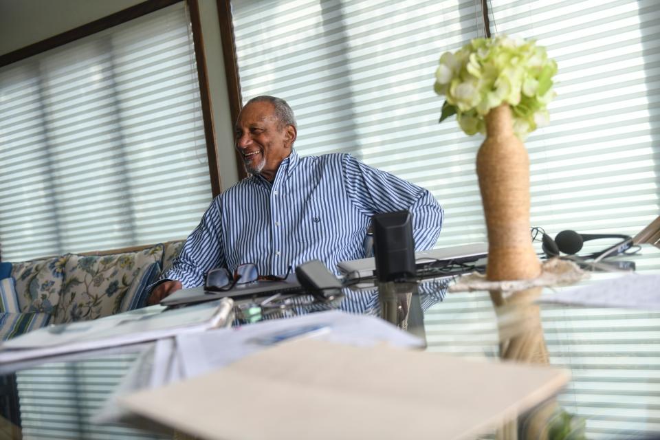 Les Green smiles while talking about his experiences on the school board at his home Wednesday, May 6, 2020, near St. Cloud. 