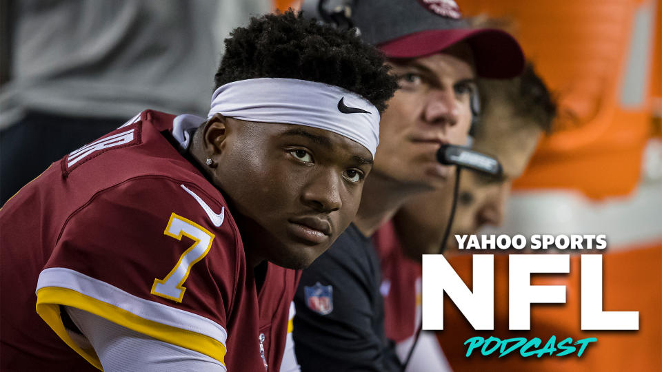 The Washington Redskins' blowout loss on Monday night has many wondering when rookie QB Dwayne Haskins will get his first start. (Photo by Scott Taetsch/Getty Images)