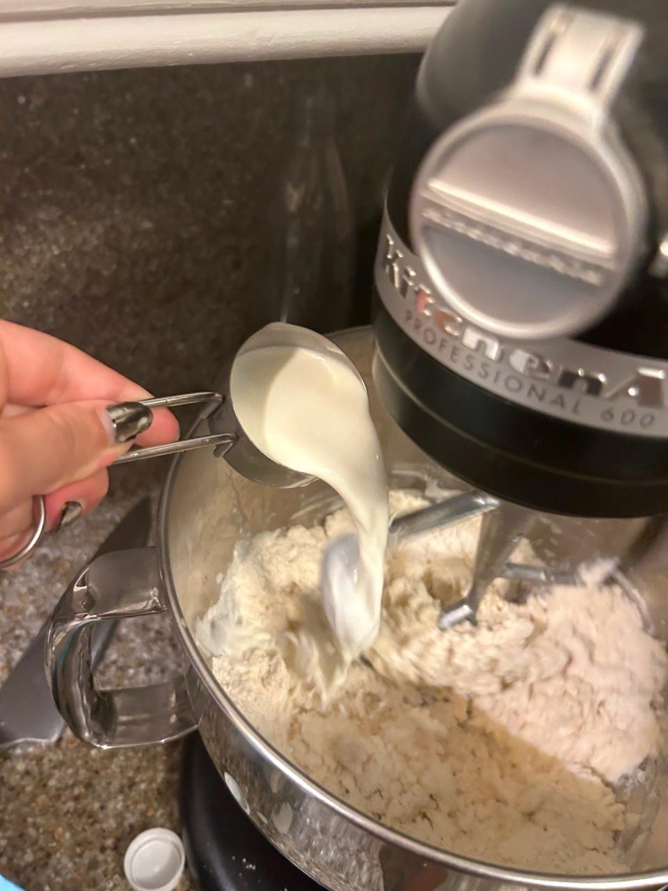 Adding wet ingredients to Ina Garten chive biscuits