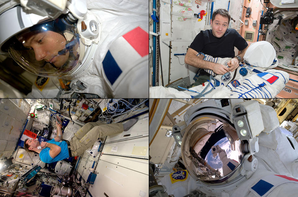 La Poste’s four "Retour sur Terre" La Poste stamps reproduce photos that were taken of Thomas Pesquet at the space station. <cite>European Space Agency</cite>