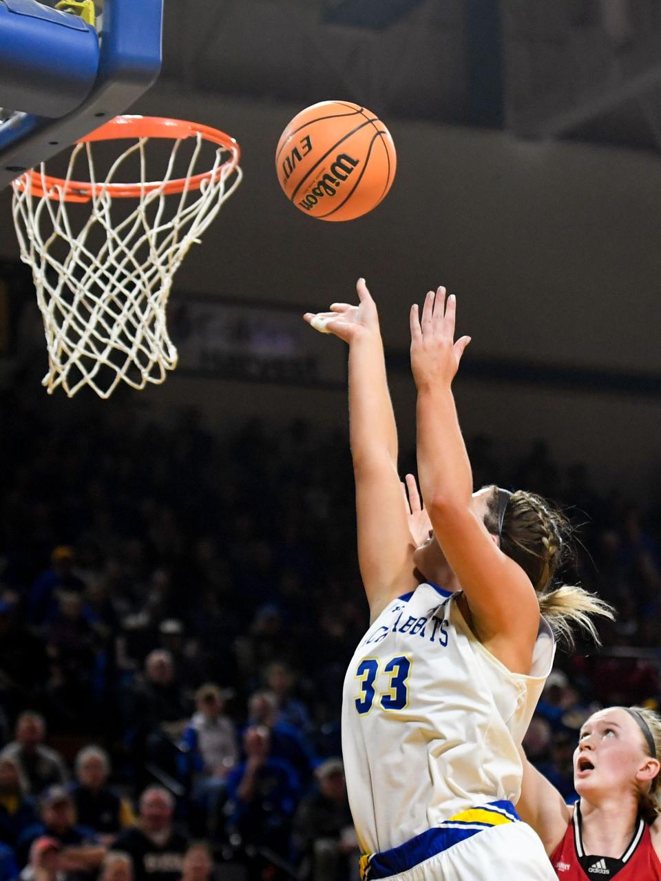 South Dakota State’s Paiton Burckhard scores in a rivalry matchup against South Dakota on Saturday, January 14, 2023, at Frost Arena in Brookings.