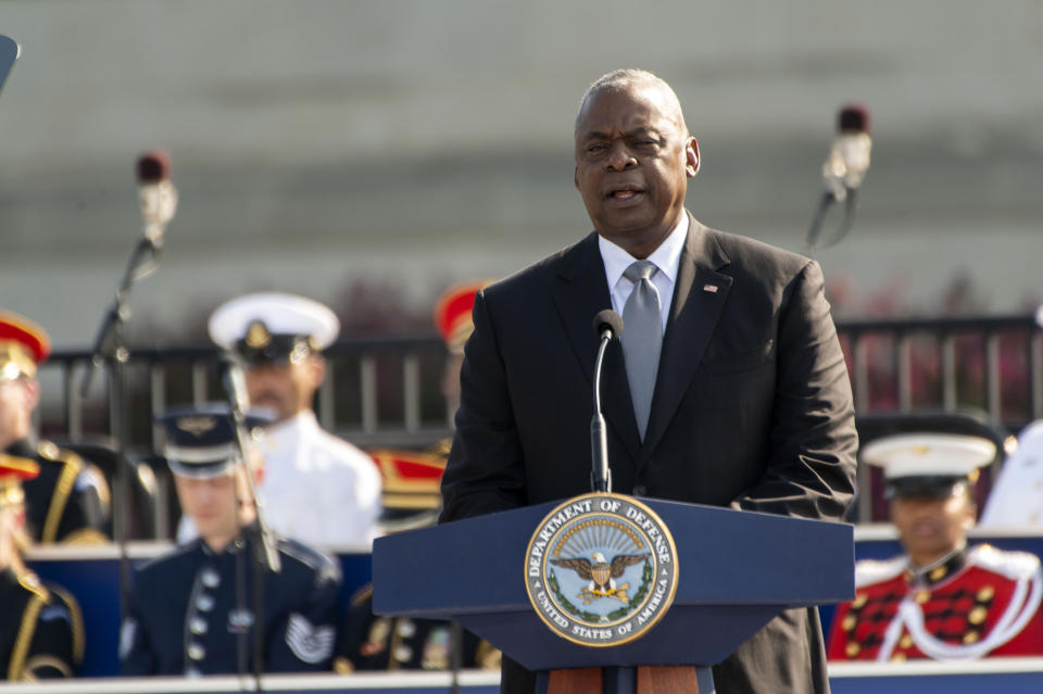 Defense Secretary Lloyd Austin speaks during a Sept. 11 observance ceremony at the Pentagon, Wednesday, Sept. 11, 2024, in Washington. (AP Photo/Kevin Wolf)