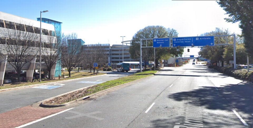 Charlotte-Douglas International Airport road to parking and terminal. Google Maps Street View