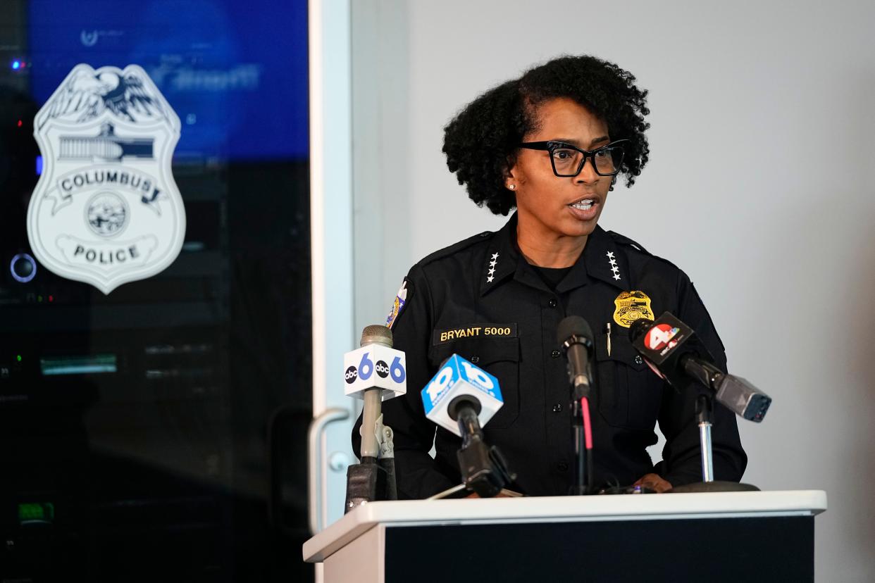 Columbus police Chief Elaine Bryant speaks Tuesday afternoon during a media briefing at police headquarters, Downtown, about two separate police-involved shootings over the weekend in which suspects with guns were killed by law enforcement.
(Credit: Adam Cairns/Columbus Dispatch)