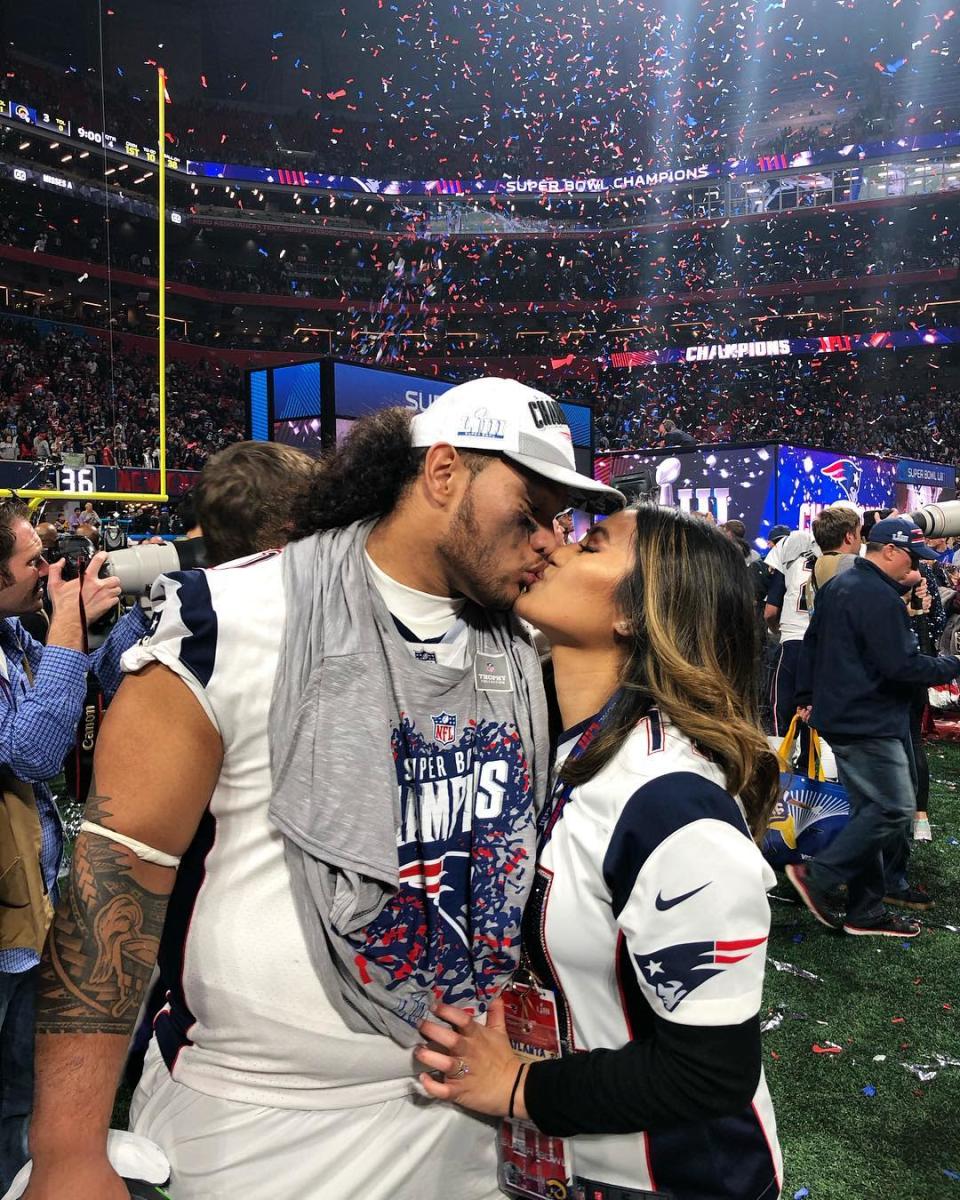 <p>Danny Shelton and his wife Mara share a moment on the field after the Patriots defeated the Los Angeles Rams. (Instagram/mara_shelton) </p>