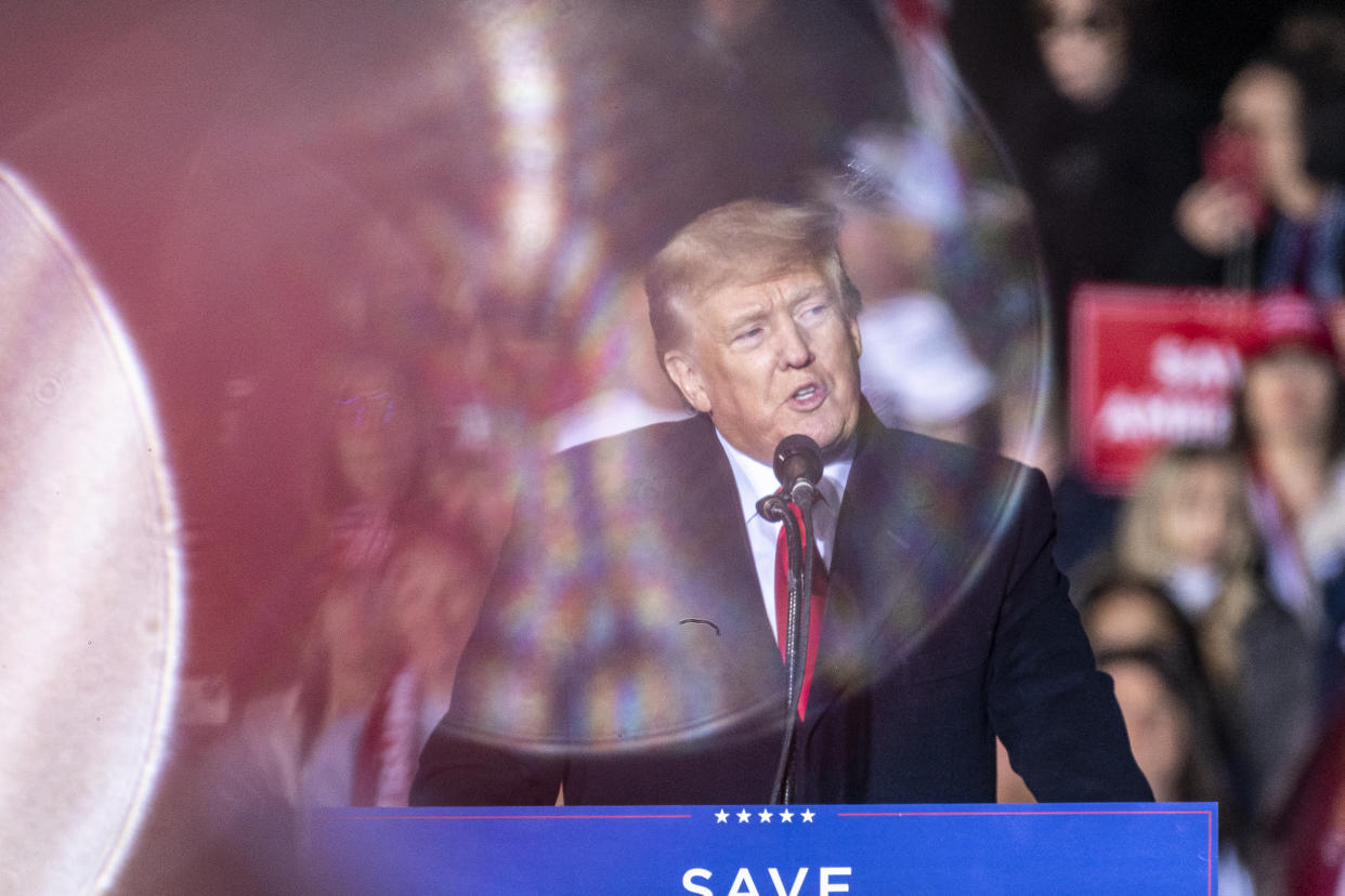 Former President Donald speaks to a crowd a rally at the Montgomery County Fairgrounds on Saturday, Jan. 29, 2022 in Conroe, TX. President Trump has been holding rallies continuing his message of election fraud and the call for the election to be overturned. (Sergio Flores / Anadolu Agency via Getty Images file)