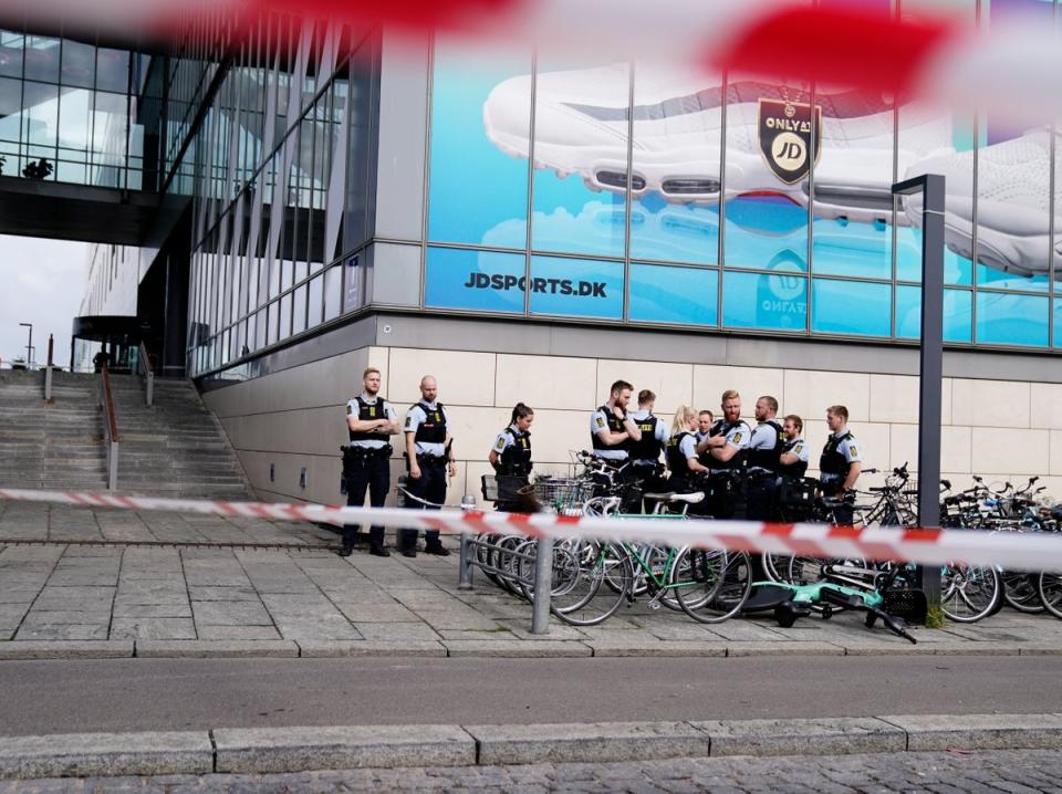 A large contingent of heavily armed police officers were seen patrolling the area outside Field’s shopping centre following the shooting (Mads Claus Rasmussen/EPA)