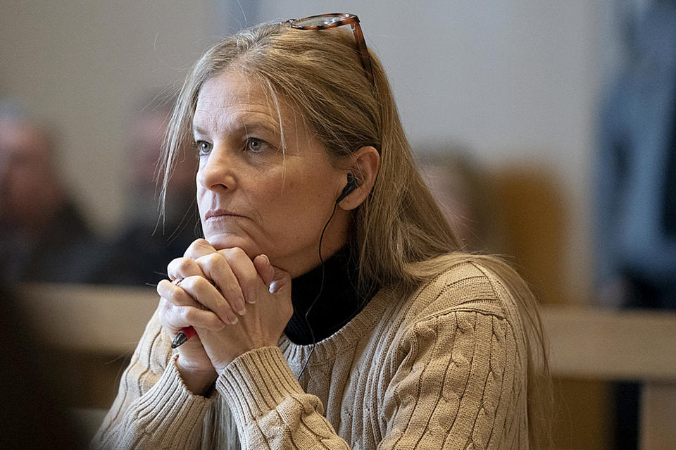 Michelle Troconis listens to arguments at the start of her trial, Thursday, Jan. 11, 2024, in Stamford, Conn. The trial of Troconis, charged in the 2019 killing of mother-of-five Jennifer Dulos, has begun in Stamford Superior Court with a six-person jury hearing the case.(Richard Harbus/Dailly Mail via AP, Pool)