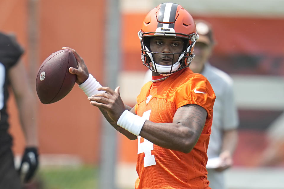 FILE - Cleveland Browns quarterback Deshaun Watson throws during an NFL football practice, Wednesday, May 24, 2023, in Berea, Ohio. Deshaun Watson is practicing Thursday, Oct. 19, 2023, for the first time in nearly three weeks and after missing two games with an injured right shoulder.(AP Photo/Sue Ogrocki, File)