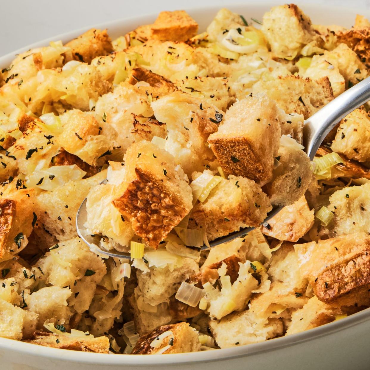 classic homemade turkey stuffing in a serving dish