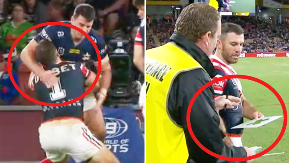 James Tedesco (pictured) left getting hit with a head-high tackle and (pictured right) returning to the field.