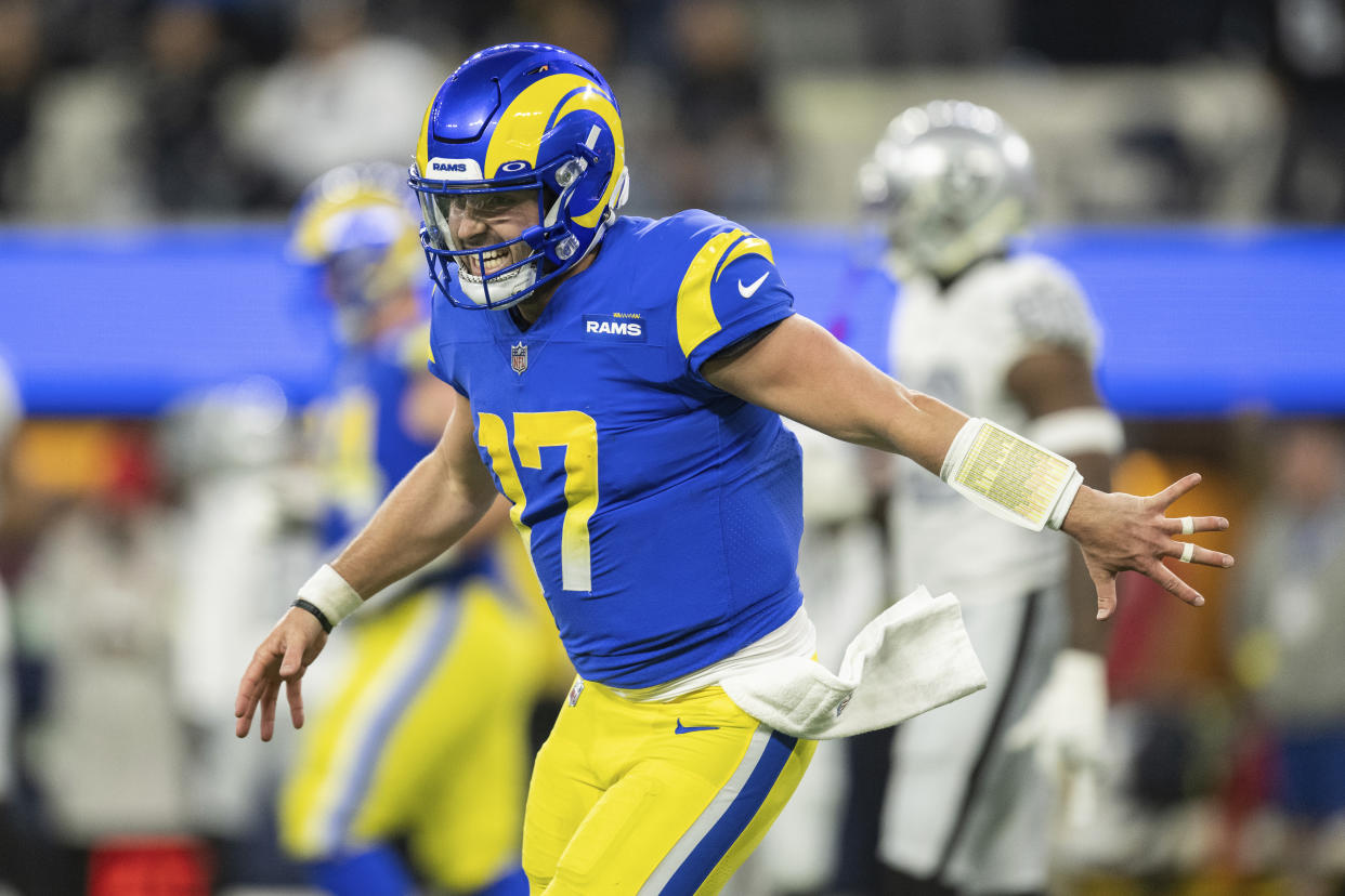 Quarterback Baker Mayfield (17) gets his first start with the Los Angeles Rams on Monday night. (AP Photo/Kyusung Gong)