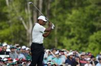 Tiger Woods of the U.S. reacts after hitting off the 12th tee during second round play of the 2018 Masters golf tournament at the Augusta National Golf Club in Augusta, Georgia, U.S., April 6, 2018. REUTERS/Jonathan Ernst