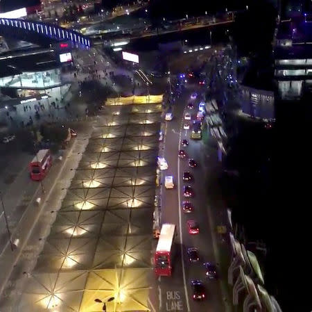 A still image from video shows ambulances and other emergency services response vehicles outside Stratford station in London, Britain, September 23, 2017. Tahseen Taj/Social Media/via REUTERS