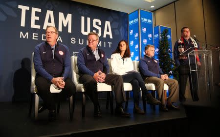 Sep 25, 2017; Park City, UT, USA; USOC leadership members from left Larry Probst , Scott Blackmun , Lisa Baird , Alan Ashley and Patrick Sandusky at a press conference during the 2018 U.S. Olympic Team media summit at the Grand Summit Hotel. Mandatory Credit: Jerry Lai-USA TODAY Sports