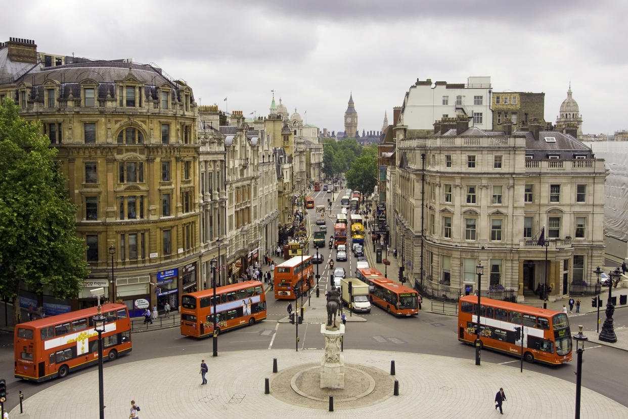 Westminster, London, England. View from the top of Nelson's Column in Trafalgar Square down Whitehall towards Big Ben