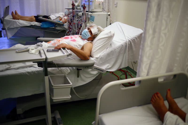 May Hayek, who was injured in a blast at the Beirut's port area receives dialysis at the Lebanese Hospital Geitaoui in Beirut