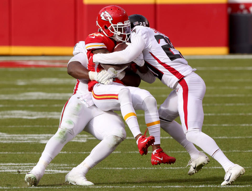 Mecole Hardman and the Kansas City Chiefs were held down most of the day by the Falcons. (Photo by Jamie Squire/Getty Images)