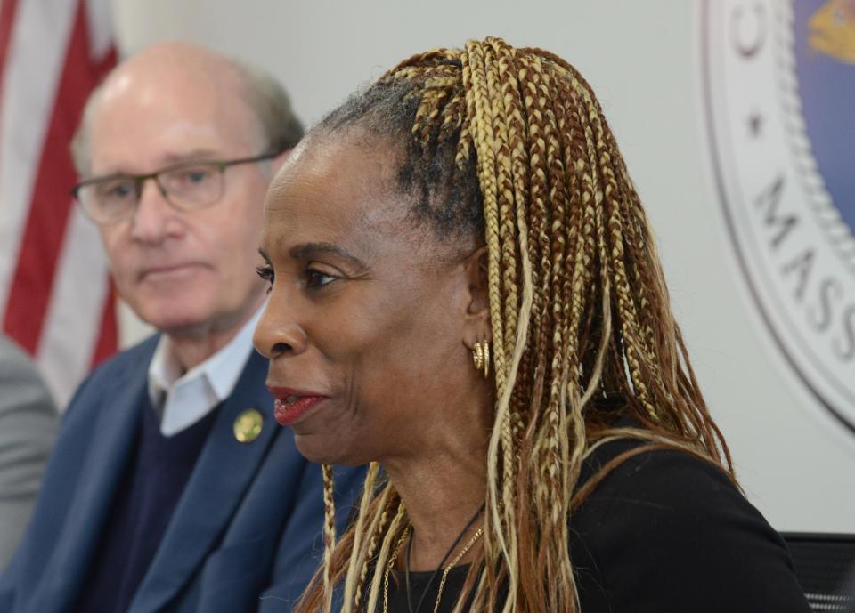 Lysetta Hurge-Putnam, right, the executive director of Independence House in Hyannis, thanks U.S. Rep. William Keating, D-Massachusetts, on Thursday in Barnstable after he announced a $3.46 million grant to fund a counseling and resource center.