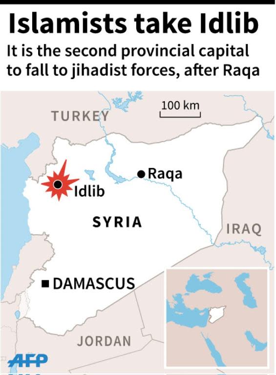 Map of Syria locating Idlib, which fell the jihadists fighters in March 2015