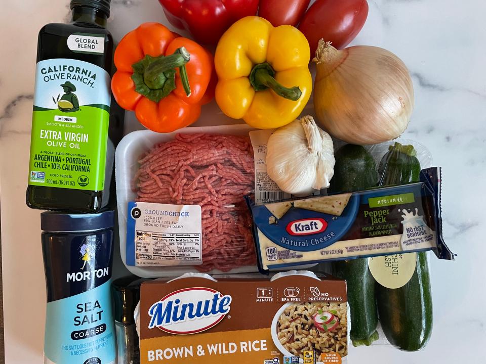 Ingredients for Ree Drummond's stuffed-pepper recipe.