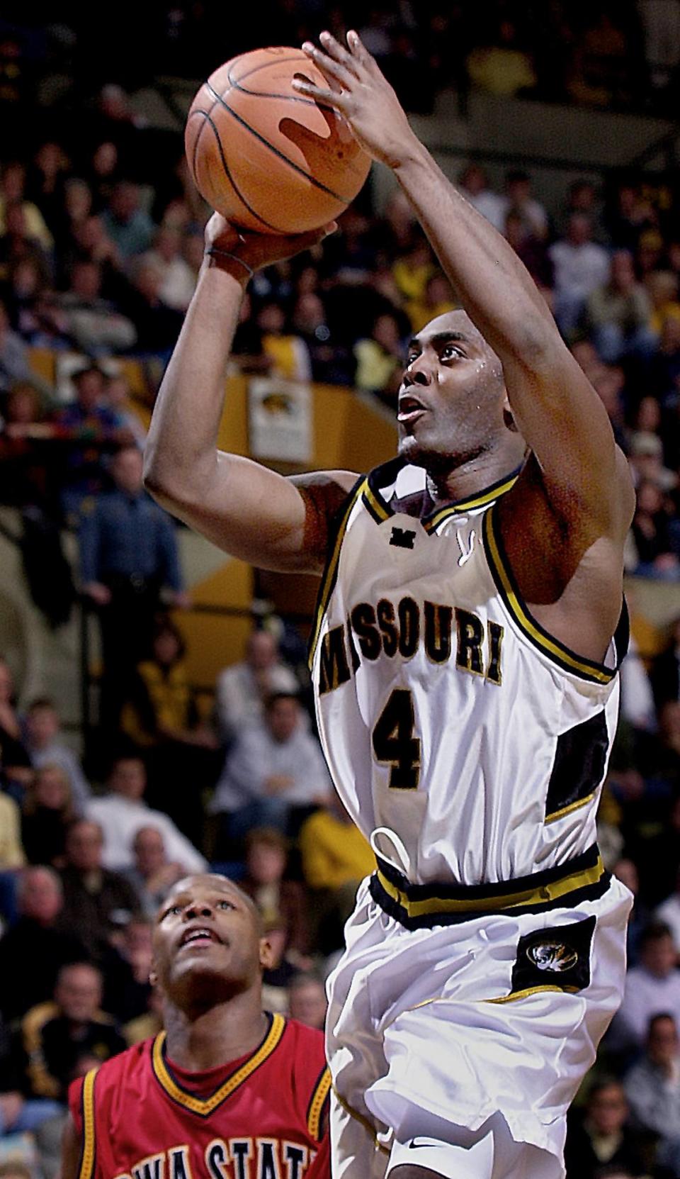 Iowa State’s Kantrail Horton could only watch as Missouri’s Clarence Gilbert put up one of his school-record 36 shots during a 2001 home game. Gilbert finished with 43 points as the Tigers won 112-109 in four overtimes.