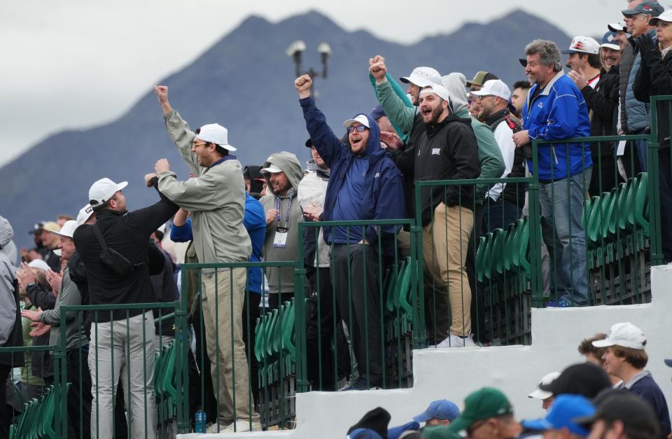 Fans cheer from the stands on the 16th hole during the 2024 Phoenix Open at TPC Scottsdale on Feb. 8, 2024.