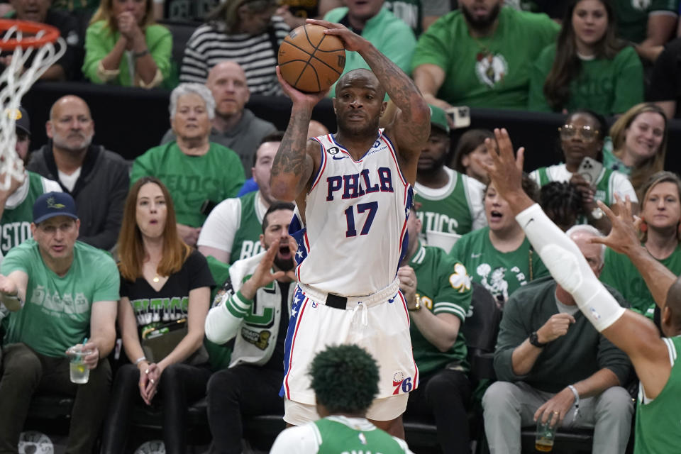 Philadelphia 76ers forward P.J. Tucker (17) looks to shoot at the basket during the first half of Game 7 against the Boston Celtics in the NBA basketball Eastern Conference semifinal playoff series, Sunday, May 14, 2023, in Boston. (AP Photo/Steven Senne)