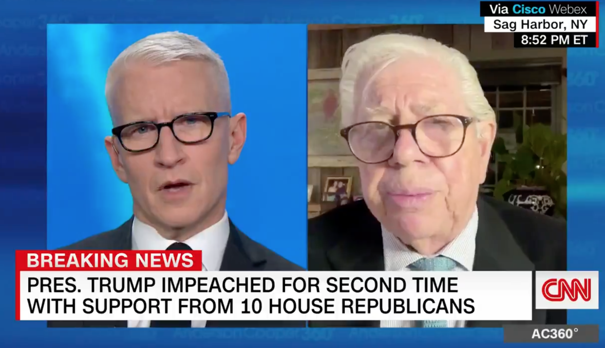 Veteran journalist Carl Bernstein gives his take on the second Trump impeachment to Anderson Cooper on CNN on 13 January 2021 (CNN)