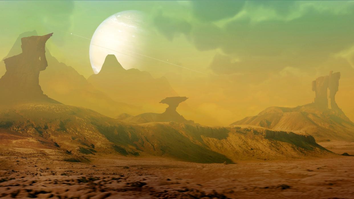  an illustration of the surface of a yellowish, rocky alien planet 