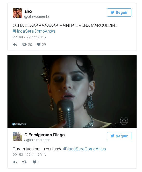 Ousada nos looks e na performance nas primeiras cenas, Bruna surpreendeu ao mostrar que sabe cantar, ainda em inglês, e que é afinada. “Estou passada com a Bruna cantando. É muito linda e talentosa”, comentou uma pessoa nas redes sociais.(Foto: Reprodução/Twitter)