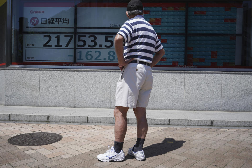 A man looks at an electronic stock board showing Japan's Nikkei 225 index at a securities firm in Tokyo Friday, May 29, 2020. Shares fell Friday in Asia after Wall Street’s rally petered out amid worries about flaring U.S.-China tensions.(AP Photo/Eugene Hoshiko)