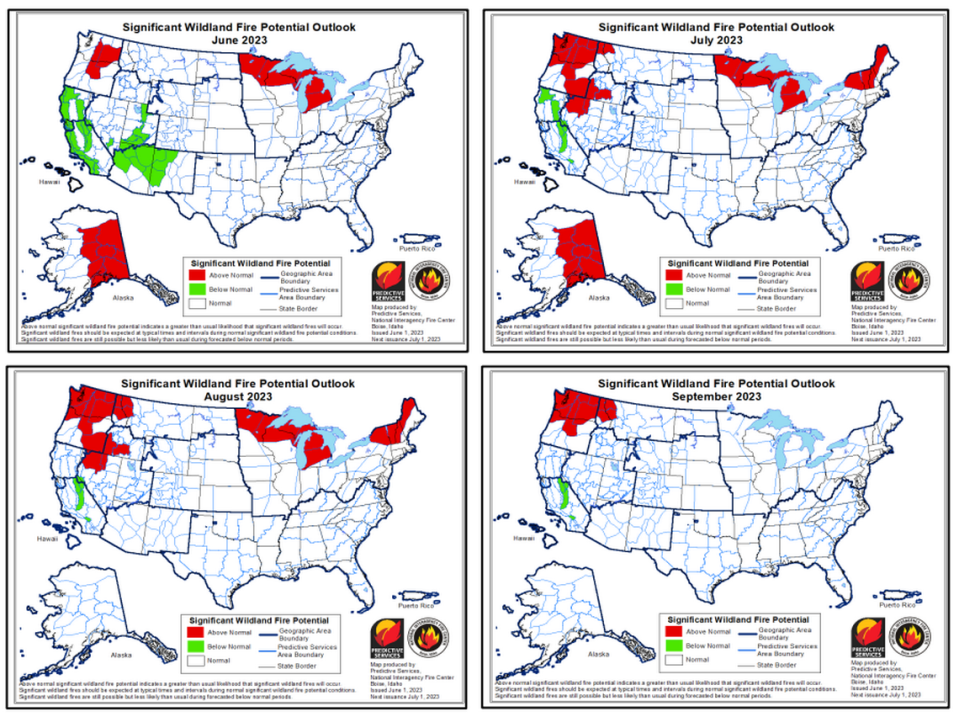 Washington state has above normal potential for signficant wildfires this summer. National Interagency Fire Center Predictive Services