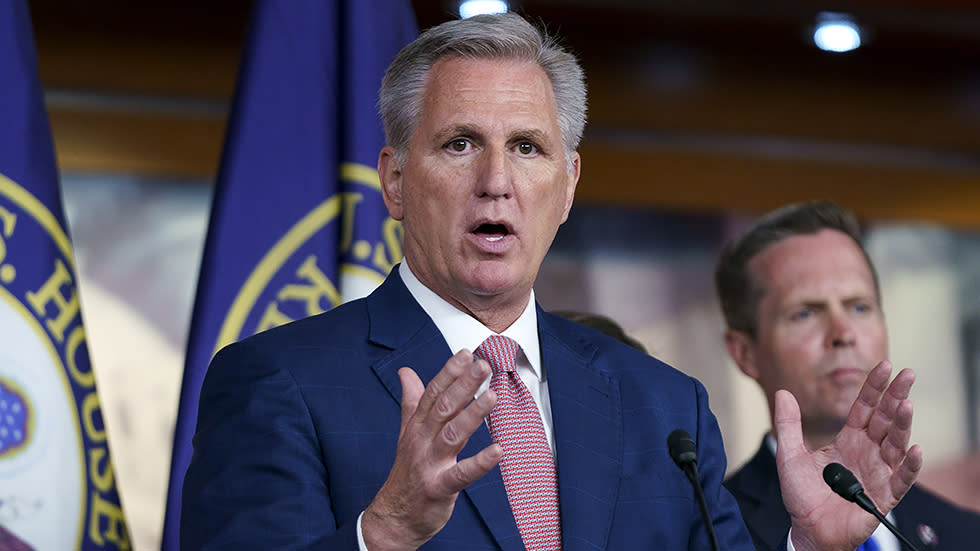 Minority Leader Kevin McCarthy (R-Calif.) answers questions during a press conference to discuss the Jan. 6 committee on Thursday, June 9, 2022.