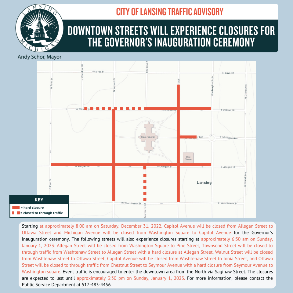 A map of street closures in effect on Jan. 1, 2023 for Gov. Gretchen Whitmer's inauguration.