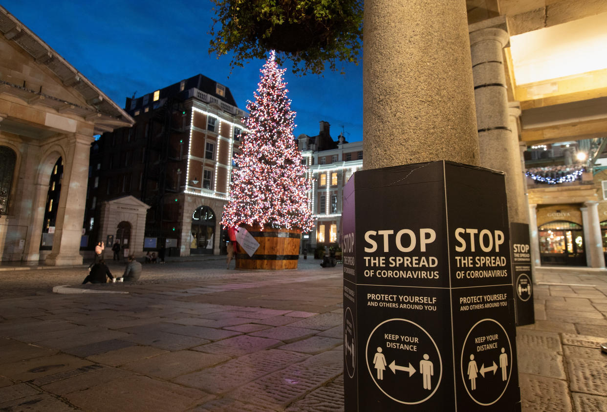 LONDON - NOVEMBER 10: A view of The Christmas Tree Lit up in Covent Garden during the second Coronavirus Lockdown on November 10, 2020 in London, England. (Photo by Jo Hale/Getty Images)