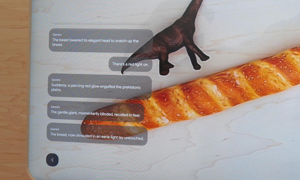 Eine KI-generierte Geschichte über einen Dinosaurier und ein Baguette, erstellt von Googles Project Astra