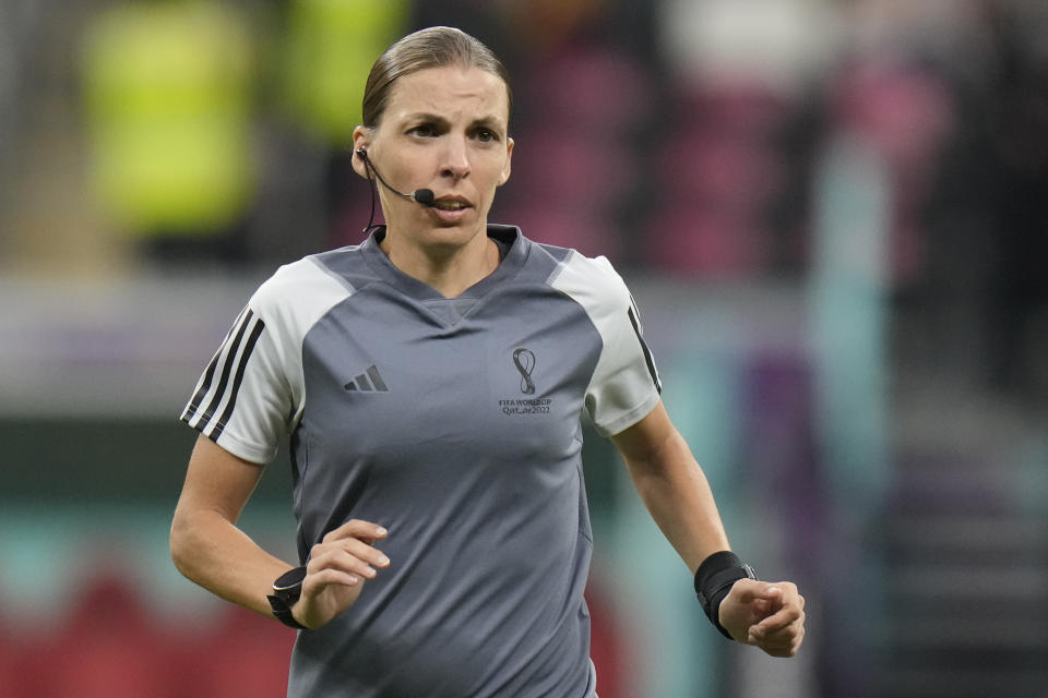 Referee Stephanie Frappart warms up prior to the World Cup group E soccer match between Costa Rica and Germany at the Al Bayt Stadium in Al Khor, Qatar, Thursday, Dec.1, 2022. (AP Photo/Moises Castillo)